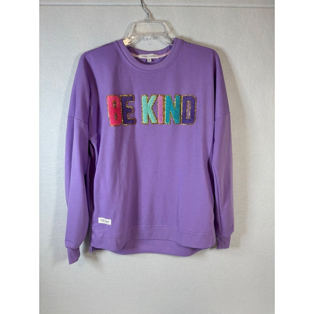 Simply Southern Be Kind Purple Chenille Patch Sweatshirt Pockets Small